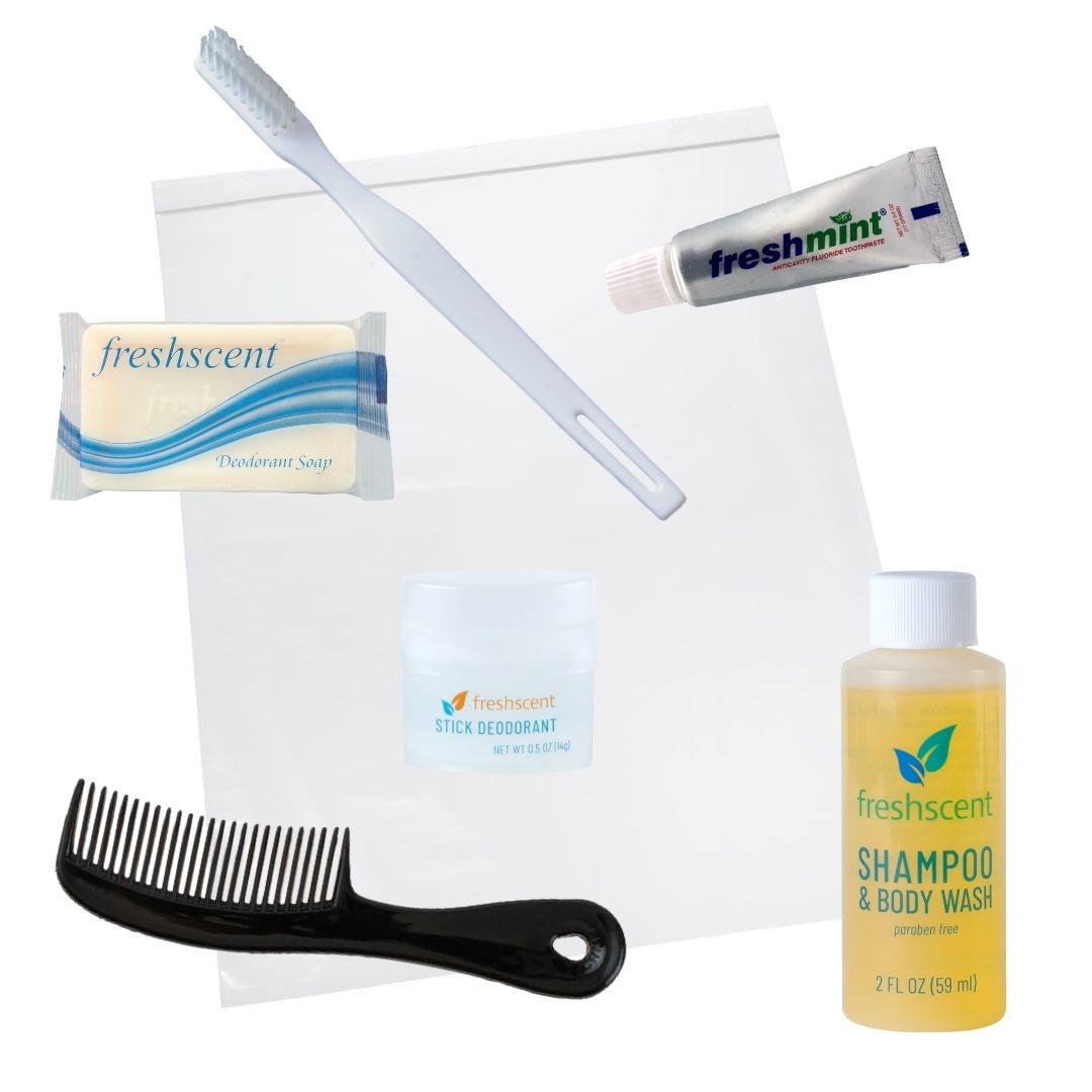 Hygiene Kit - A zip-close bag with various hygiene products including a toothbrush, shampoo, body wash, soap, deodorant, and a comb.